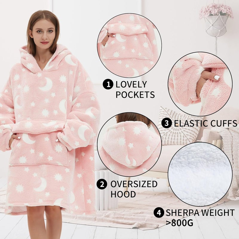 Fiosnow Glow in the Dark Star and Moon Blanket Hoodies for Women and Men Adult Fleece Sherpa Oversize Wearable Blanket Hoodies for Soft and Warm - Image 4
