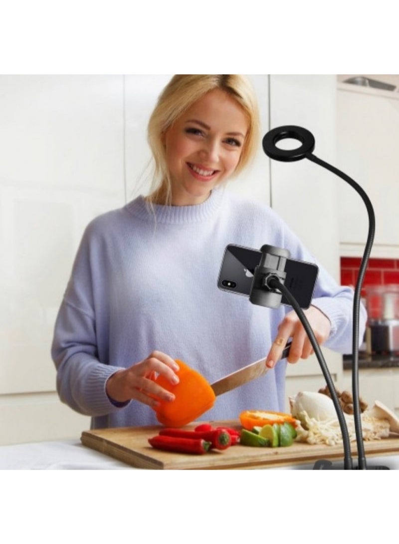 إضاءة سيلفي حلقية LED مع حامل هاتف مرن وقاعدة بمشبك، مثالية للبث المباشر والفيديو باللون الابيض - Image 2