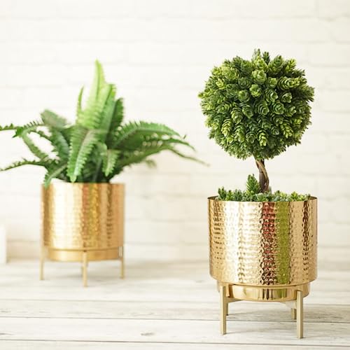 BEHOMA Hammered Metal Indoor Planter for Table Top and Floor | Living Room Drawing Room Balcony Office | Decoration Ideas for Plants| Set of 2 Golden Colour (Plants not Included) - Image 4