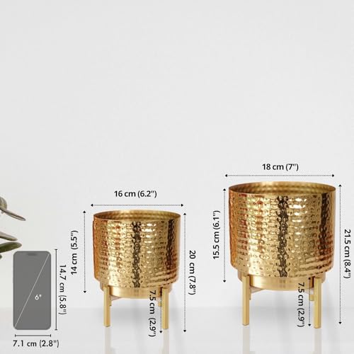 BEHOMA Hammered Metal Indoor Planter for Table Top and Floor | Living Room Drawing Room Balcony Office | Decoration Ideas for Plants| Set of 2 Golden Colour (Plants not Included) - Image 2