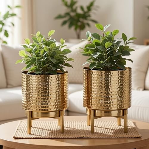 BEHOMA Hammered Metal Indoor Planter for Table Top and Floor | Living Room Drawing Room Balcony Office | Decoration Ideas for Plants| Set of 2 Golden Colour (Plants not Included) - Image 1
