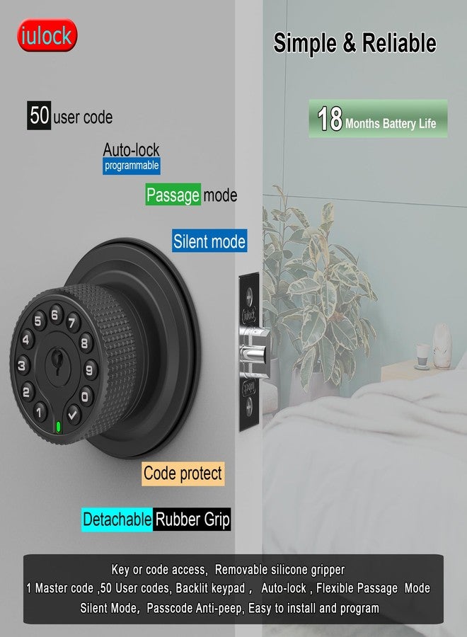 iulock Smart Door Knob with Keypad and Key,Keyless Entry Door Lock with Rubber Grip, Auto Lock,50 User Code,Waterproof, Easy to Install and Program for Bedroom Garage Office Gate (Matte Black) - Image 2