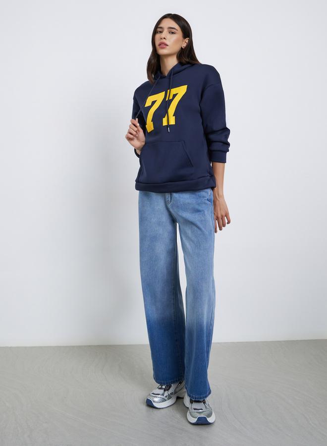 Styli Navy Blue Regular Fit 77 Print Hoodie - Image 2