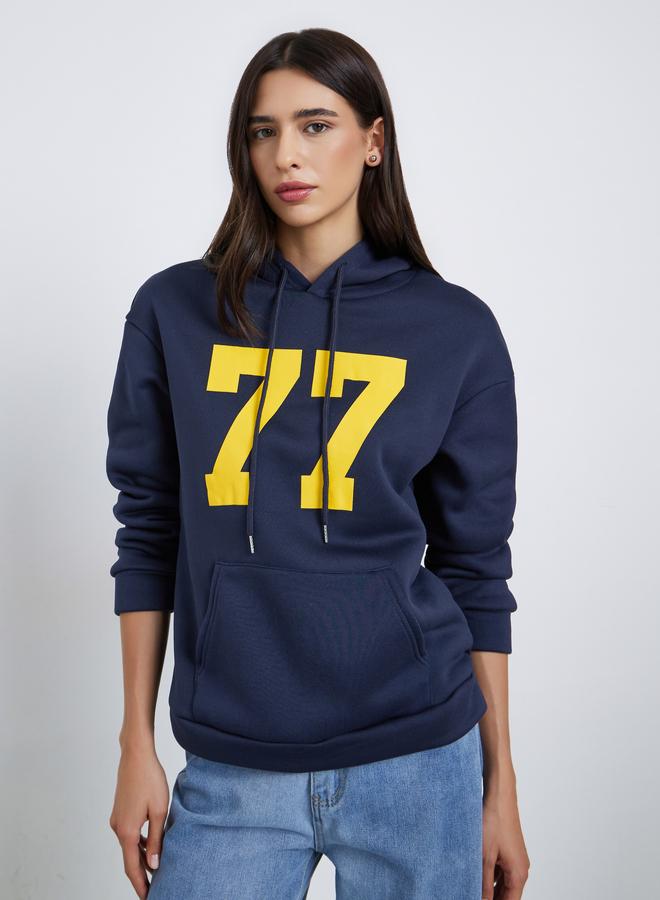 Styli Navy Blue Regular Fit 77 Print Hoodie - Image 3