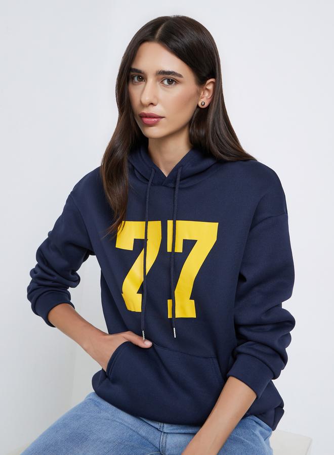 Styli Navy Blue Regular Fit 77 Print Hoodie - Image 3