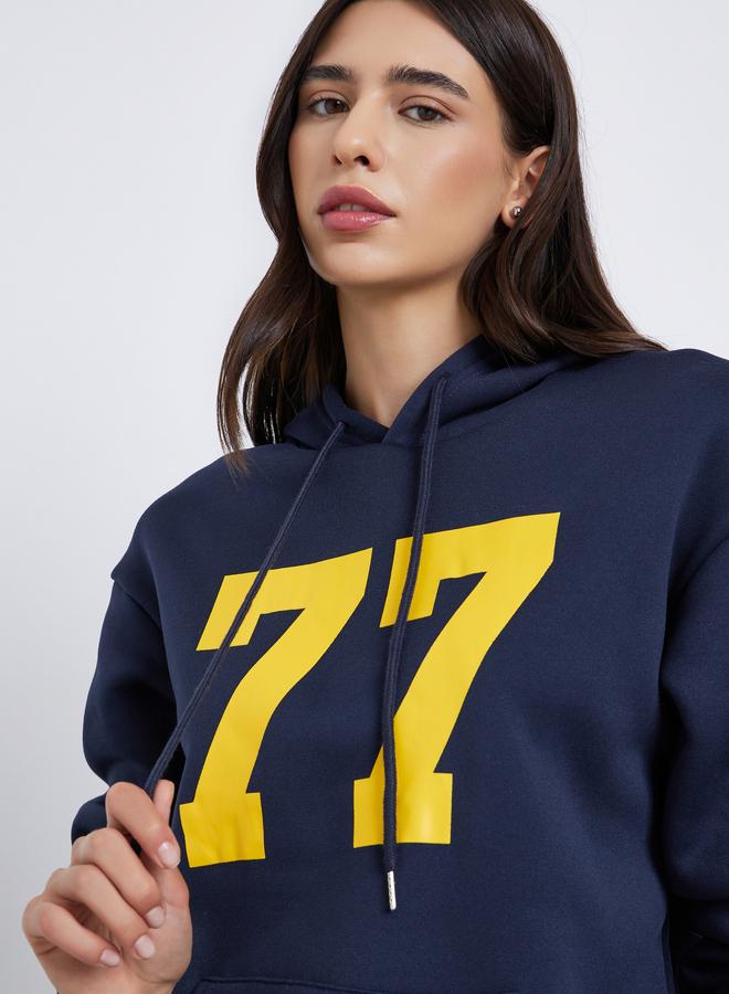 Styli Navy Blue Regular Fit 77 Print Hoodie - Image 4