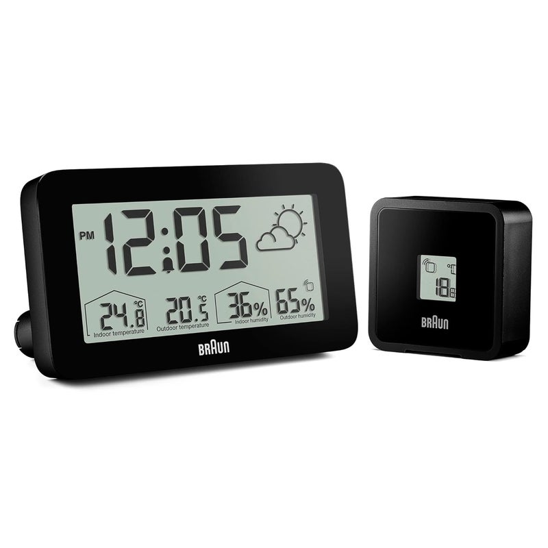 BRAUN Digital Weather Station Clock with Indoor and Outdoor Temperature and Humidity, Forecast, LCD Display, Quick-Set, Crescendo beep Alarm in Black, Model BC13BP. - Image 1