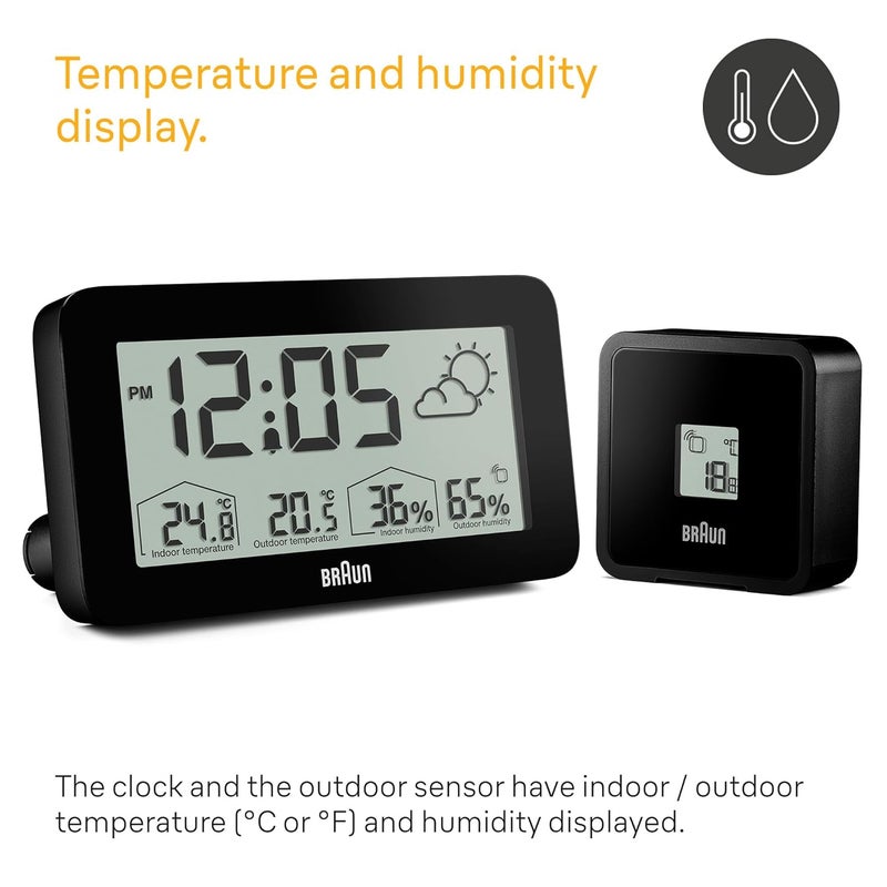 BRAUN Digital Weather Station Clock with Indoor and Outdoor Temperature and Humidity, Forecast, LCD Display, Quick-Set, Crescendo beep Alarm in Black, Model BC13BP. - Image 5