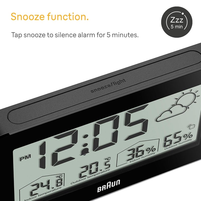 BRAUN Digital Weather Station Clock with Indoor and Outdoor Temperature and Humidity, Forecast, LCD Display, Quick-Set, Crescendo beep Alarm in Black, Model BC13BP. - Image 4