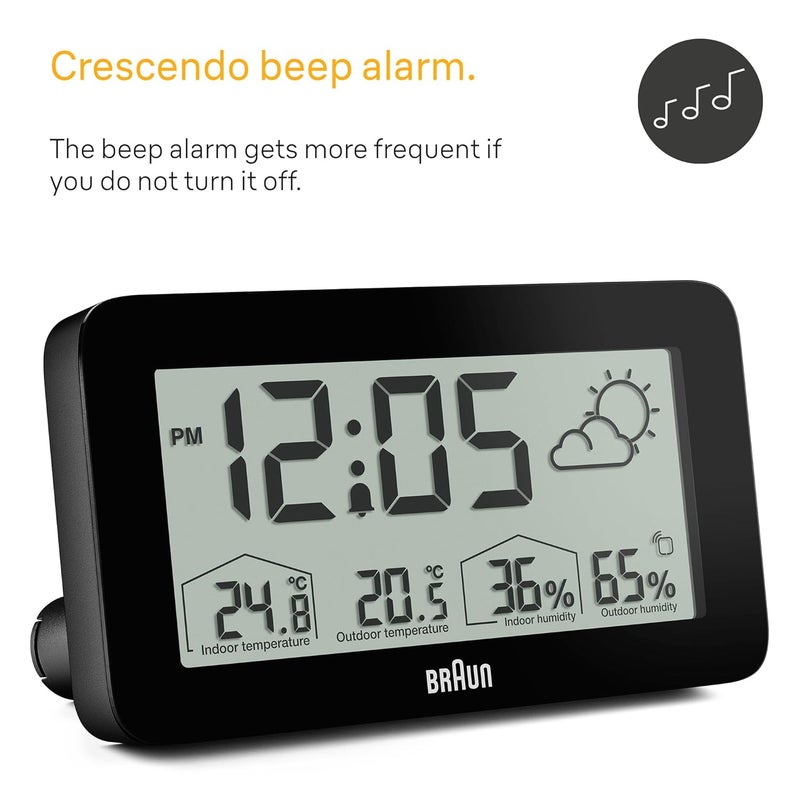 BRAUN Digital Weather Station Clock with Indoor and Outdoor Temperature and Humidity, Forecast, LCD Display, Quick-Set, Crescendo beep Alarm in Black, Model BC13BP. - Image 3