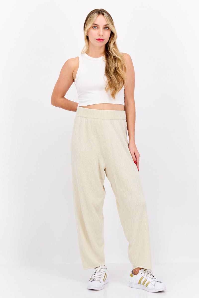 MONKI Women Regular Fit Knitted Straight Leg Pants, Beige - Image 3