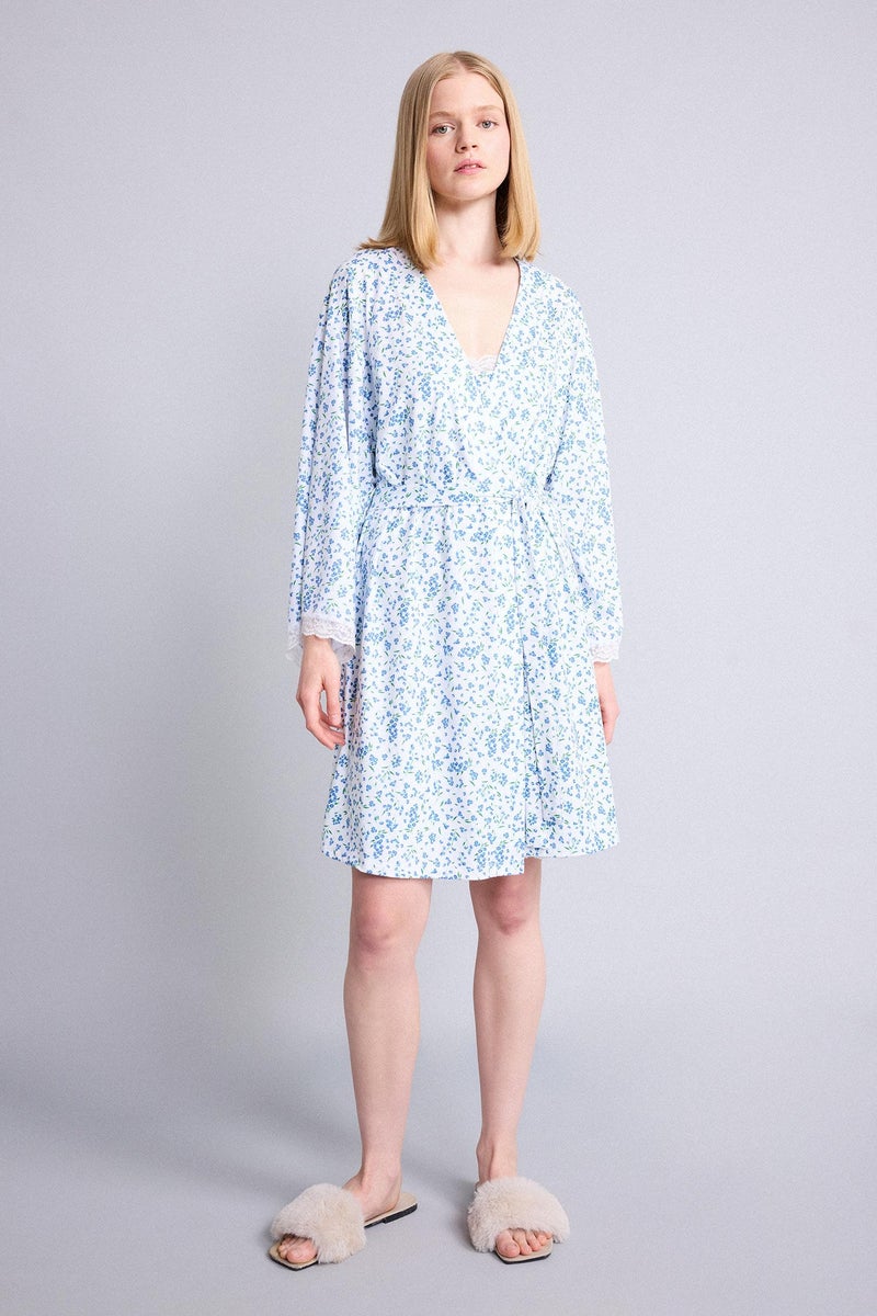 DeFacto Beige Woman Regular Fit Wrap Neck Softshell Floral Robe Casual - Image 5