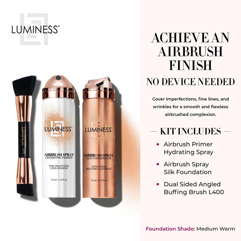 LUMINESS Silk Airbrush Spray Foundation Makeup Starter Kit - Full Coverage Foundation, Primer & Dual-Sided Angled Buffing Brush - Medium Warm - Image 2