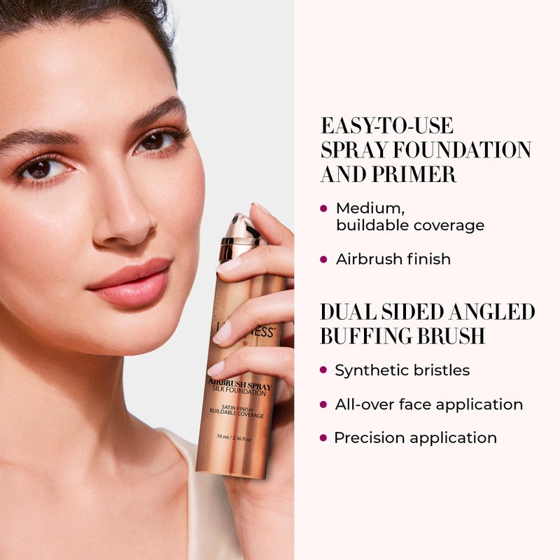 LUMINESS Silk Airbrush Spray Foundation Makeup Starter Kit - Full Coverage Foundation, Primer & Dual-Sided Angled Buffing Brush - Medium Warm - Image 3