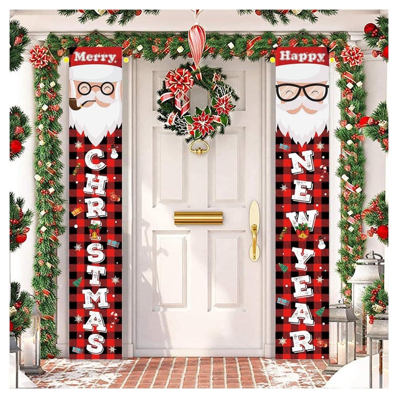 لافتة عيد الميلاد المجيد، لافتة رأس السنة الجديدة السعيدة، لافتة الشرفة لعيد الميلاد المجيد، لافتات زينة عيد الميلاد منقوشة بجاموس أحمر أسود، للاستخدام الداخلي والخارجي في فصل الشتاء وعطلات عيد الميلا - Image 1