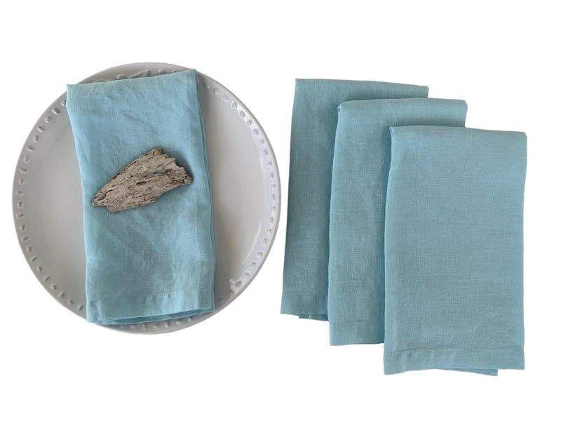 Eight Owls Stonewashed Linen Napkins 20 Inch x 20 Inch Set of 4100 Pure Linen Cloth Mitered Corners Coast Aqua Lagoon