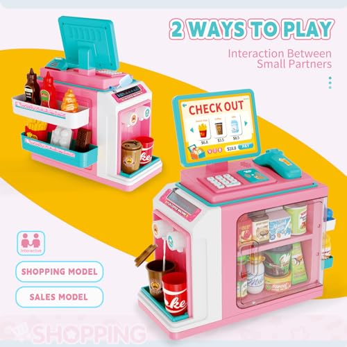  FS FS Kids Pretend Play Store Set with Toy Cash Register for Kids 45 Piece Accessories Grocery Store Playset with Scanner Food Play Money Ice Cream Maker for 3 Kids 58 Girls Pink - Image 5