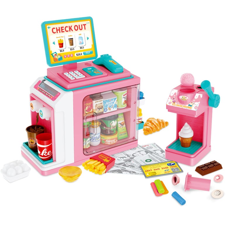  FS FS Kids Pretend Play Store Set with Toy Cash Register for Kids 45 Piece Accessories Grocery Store Playset with Scanner Food Play Money Ice Cream Maker for 3 Kids 58 Girls Pink - Image 3