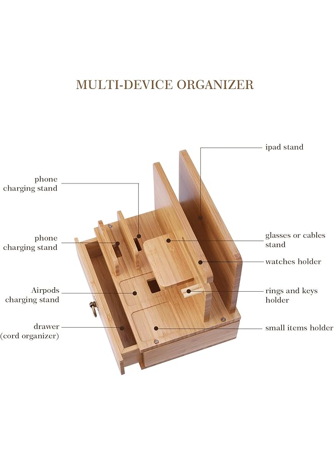 iCozzier Bamboo Multiple Device Desktop Dock Station Watch Organizer Key Holder With Drawer For Iwatch Airpods Ipad Smartphones Tablets Kindles - Image 3