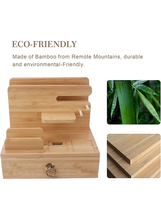 iCozzier Bamboo Multiple Device Desktop Dock Station Watch Organizer Key Holder With Drawer For Iwatch Airpods Ipad Smartphones Tablets Kindles - Image 4