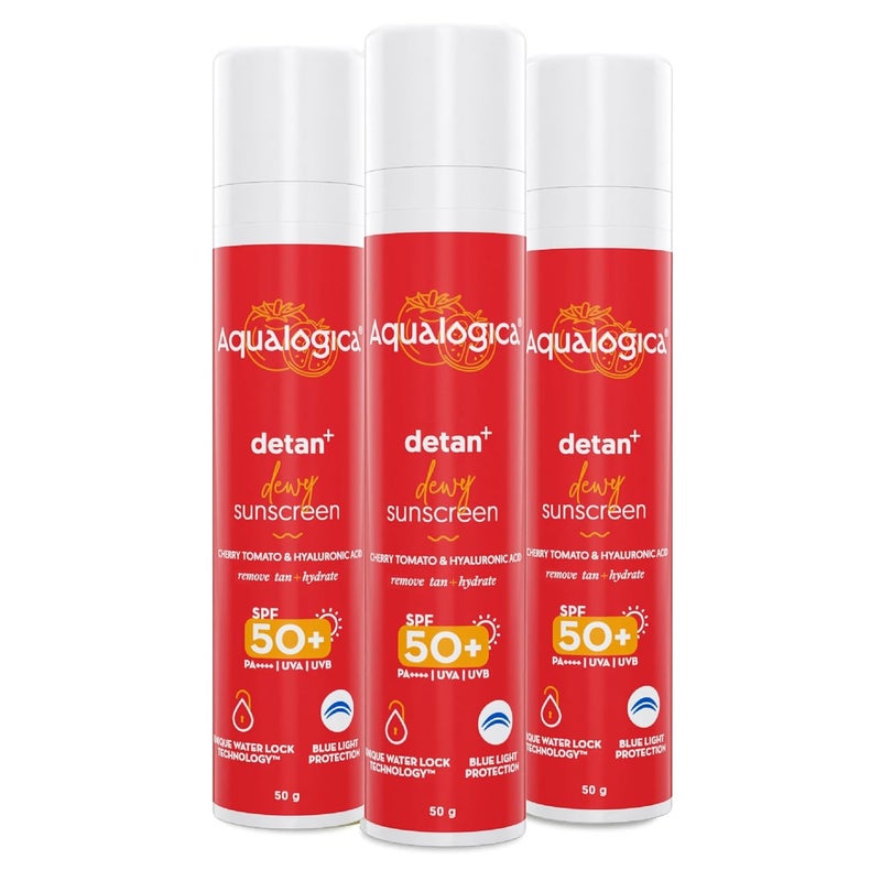 Aqualogica واقي شمس أكلوجيكا ديتان ديوي خفيف الوزن مع SPF 50 PA لحماية UVAB وحماية الضوء الأزرق للبشرة العادية والحساسة والجافة وإزالة السمرة بدون أثر أبيض للرجال والنساء 50 جرام عبوة من 3 - Image 1