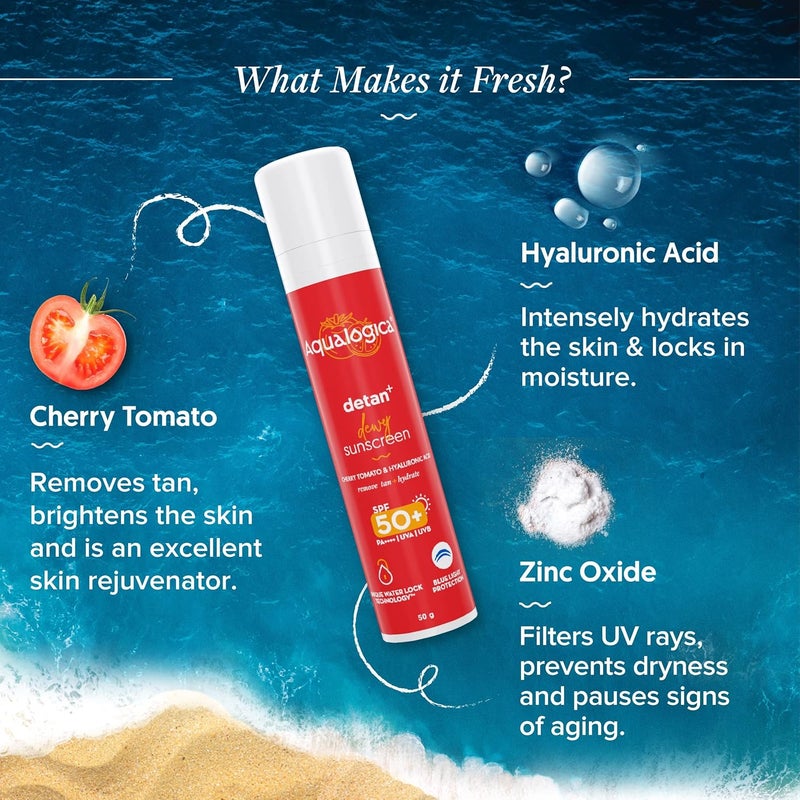 Aqualogica واقي شمس أكلوجيكا ديتان ديوي خفيف الوزن مع SPF 50 PA لحماية UVAB وحماية الضوء الأزرق للبشرة العادية والحساسة والجافة وإزالة السمرة بدون أثر أبيض للرجال والنساء 50 جرام عبوة من 3 - Image 3
