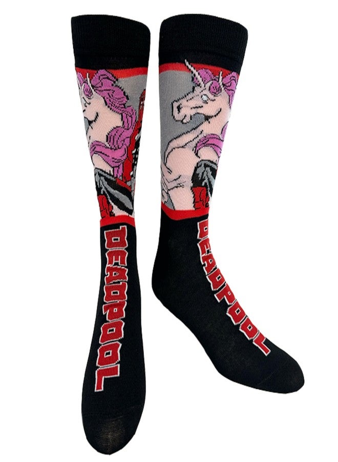 Hyp “Sock Talk” Deadpool 2 pack Men's Crew Socks. 2 pair - Deadpool Arms Crossed & Riding a Pink Unicorn - Bottom Sole Text: Don’t Worry… & Maximum Effort. Men’s Shoe Size 6-12 - Image 4