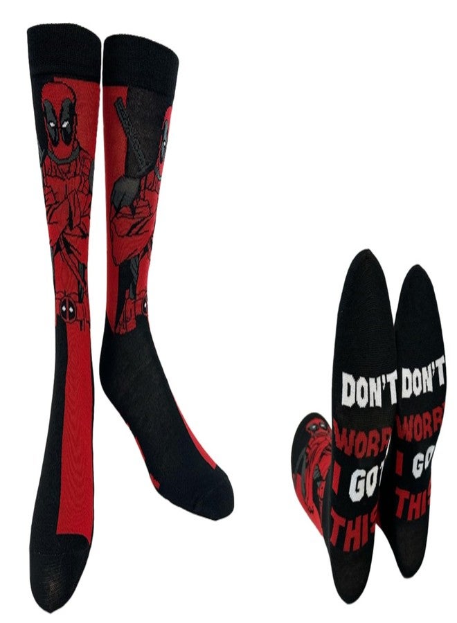 Hyp “Sock Talk” Deadpool 2 pack Men's Crew Socks. 2 pair - Deadpool Arms Crossed & Riding a Pink Unicorn - Bottom Sole Text: Don’t Worry… & Maximum Effort. Men’s Shoe Size 6-12 - Image 3