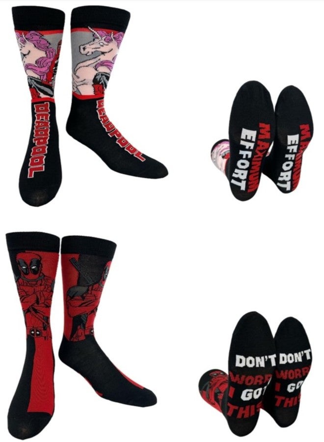 Hyp “Sock Talk” Deadpool 2 pack Men's Crew Socks. 2 pair - Deadpool Arms Crossed & Riding a Pink Unicorn - Bottom Sole Text: Don’t Worry… & Maximum Effort. Men’s Shoe Size 6-12 - Image 1