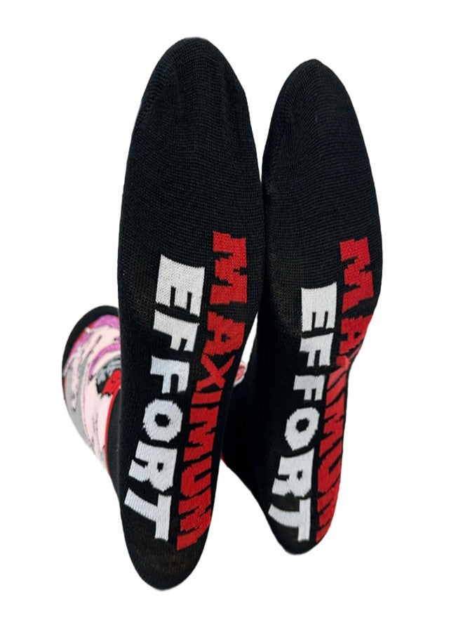 Hyp “Sock Talk” Deadpool 2 pack Men's Crew Socks. 2 pair - Deadpool Arms Crossed & Riding a Pink Unicorn - Bottom Sole Text: Don’t Worry… & Maximum Effort. Men’s Shoe Size 6-12 - Image 5