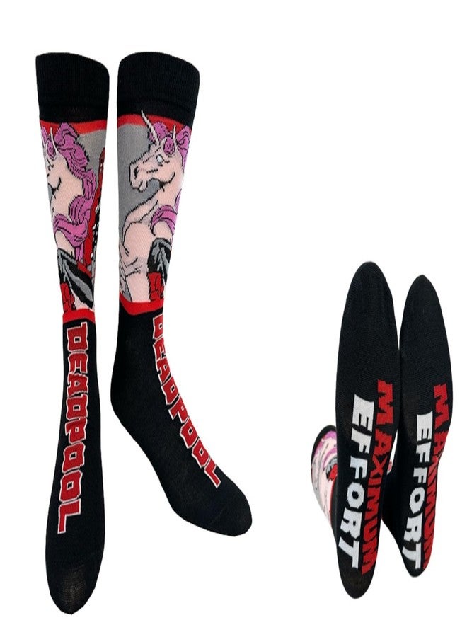 Hyp “Sock Talk” Deadpool 2 pack Men's Crew Socks. 2 pair - Deadpool Arms Crossed & Riding a Pink Unicorn - Bottom Sole Text: Don’t Worry… & Maximum Effort. Men’s Shoe Size 6-12 - Image 2