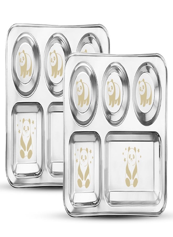 JSI أطباق عشاء من الفولاذ المقاوم للصدأ JSI / طبق سلطة | عبوة من 2 قطعة، قطر 35 سم | 5 في 1 أطباق عشاء مقسمة | تصميم باندا محفور بالليزر | سهل التنظيف ولامع كالمرايا | جمالية حديثة ومتعددة الاستخدامات - Image 1