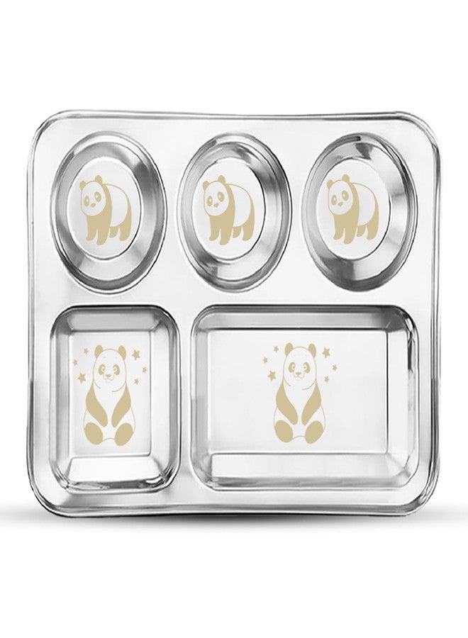 JSI أطباق عشاء من الفولاذ المقاوم للصدأ JSI / طبق سلطة | عبوة من 2 قطعة، قطر 35 سم | 5 في 1 أطباق عشاء مقسمة | تصميم باندا محفور بالليزر | سهل التنظيف ولامع كالمرايا | جمالية حديثة ومتعددة الاستخدامات - Image 2