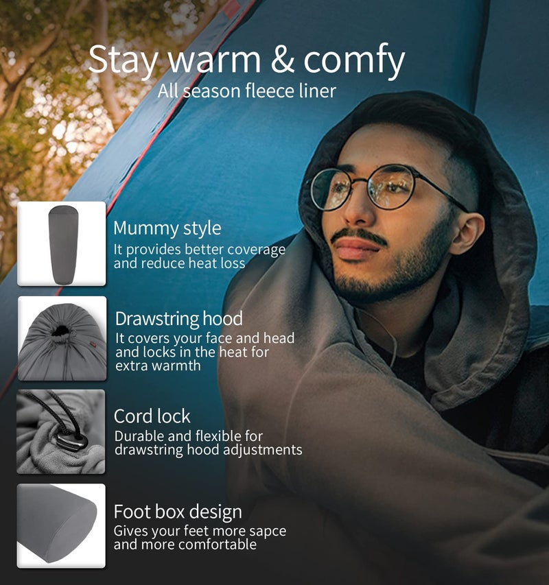 Litume All Season Fleece Sleeping Bag Liner Lightweight Mummy Sleeping Sack for Cold Weather and Winter Backpacking, Camping, Traveling with Drawstring Hood(E629B) - Image 3
