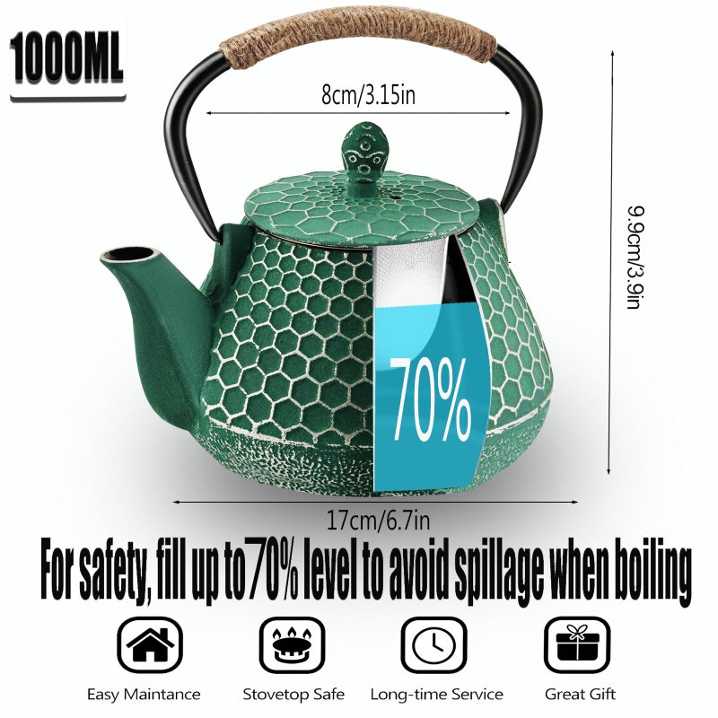 Dachenus Cast Iron Tea Pot - Honeycomb Pattern Tea Kettle with Tea Leaf Infuser,Stovetop Tea Kettle Coated with Enameled Interior,Suitable for Brewing Loose Leaf Tea (green) - Image 5