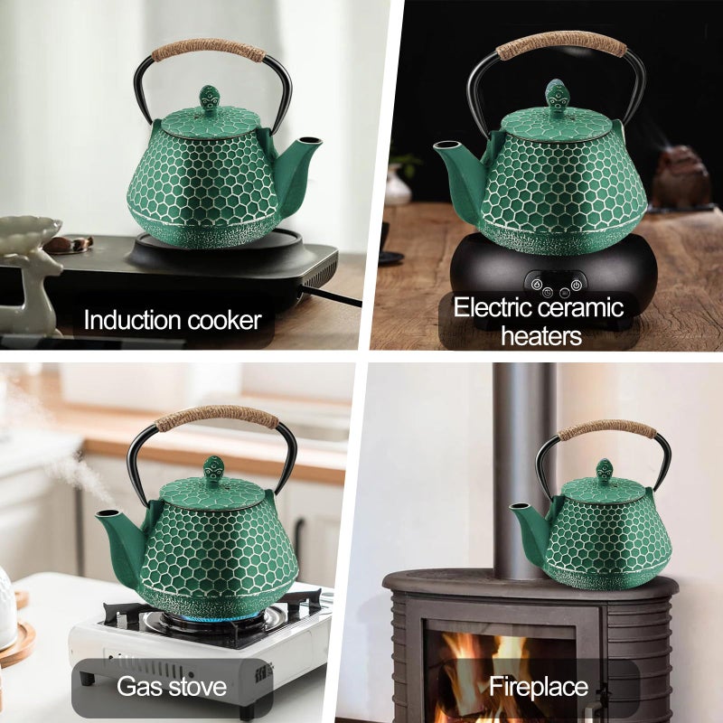 Dachenus Cast Iron Tea Pot - Honeycomb Pattern Tea Kettle with Tea Leaf Infuser,Stovetop Tea Kettle Coated with Enameled Interior,Suitable for Brewing Loose Leaf Tea (green) - Image 4
