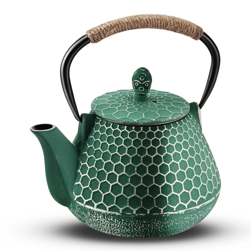 Dachenus Cast Iron Tea Pot - Honeycomb Pattern Tea Kettle with Tea Leaf Infuser,Stovetop Tea Kettle Coated with Enameled Interior,Suitable for Brewing Loose Leaf Tea (green) - Image 1