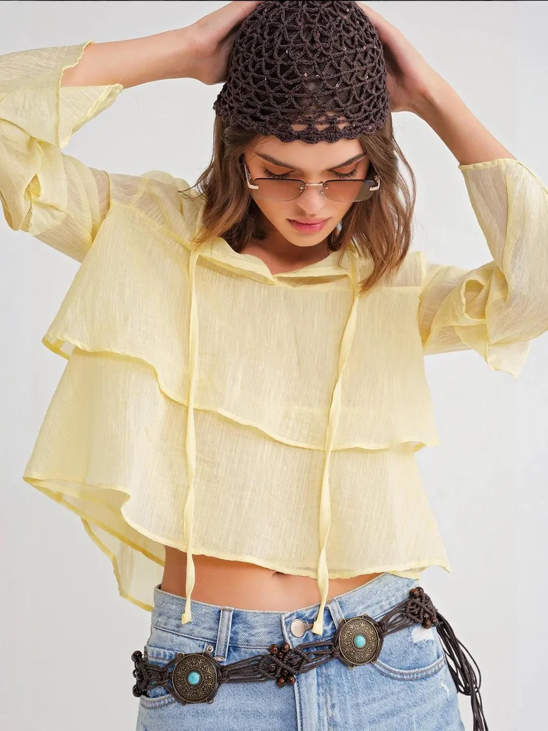 MixRay Lemon Yellow Mixray Frilly Blouse with Bow Detail for Women | Best Price UAE