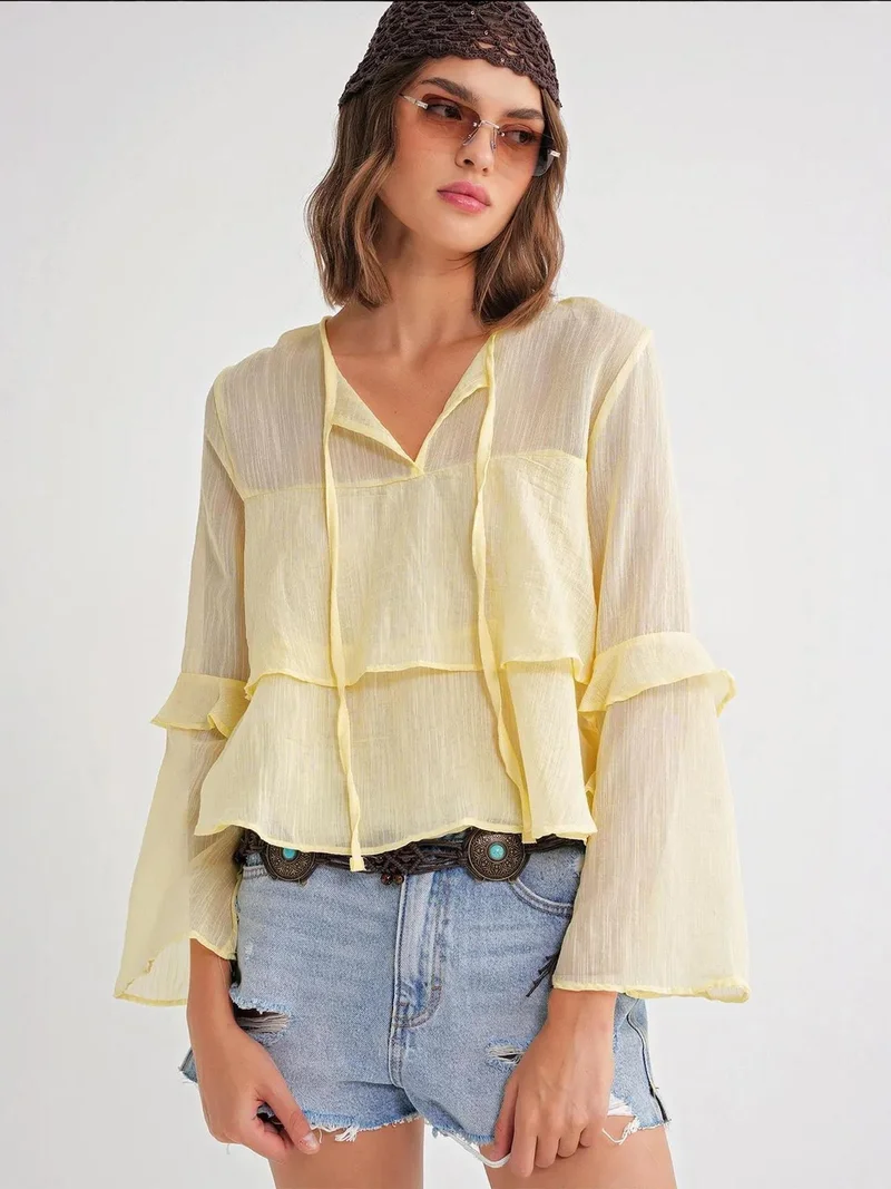 MixRay Lemon Yellow Mixray Frilly Blouse with Bow Detail for Women | Best Price UAE