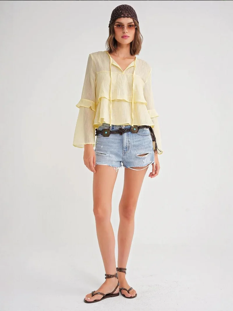 MixRay Lemon Yellow Mixray Frilly Blouse with Bow Detail for Women | Best Price UAE