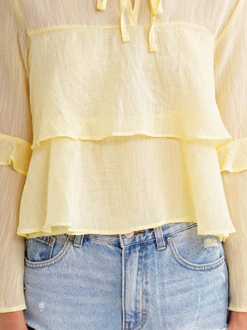MixRay Lemon Yellow Mixray Frilly Blouse with Bow Detail for Women | Best Price UAE