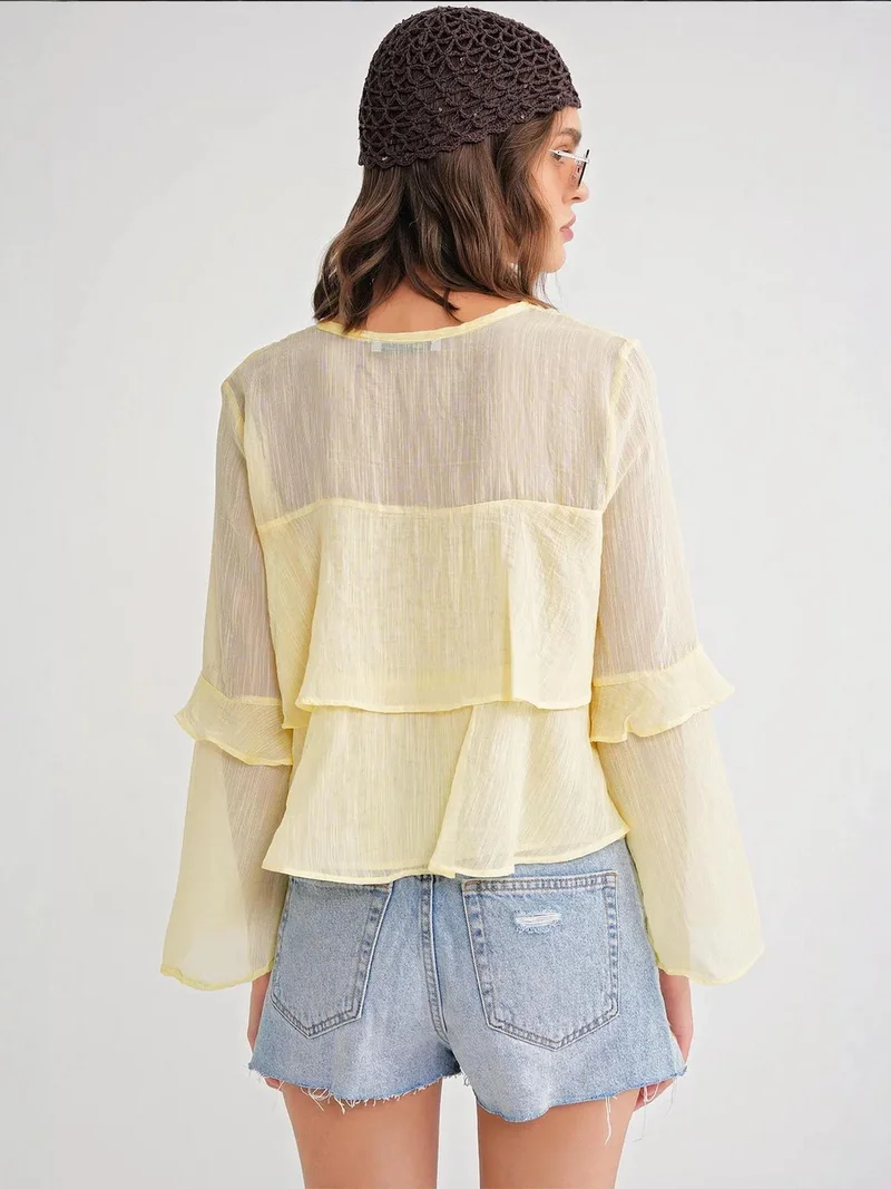 MixRay Lemon Yellow Mixray Frilly Blouse with Bow Detail for Women | Best Price UAE