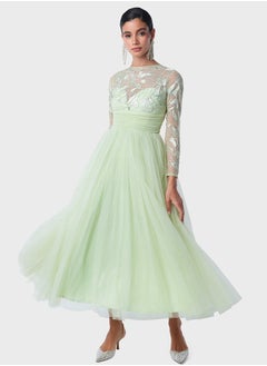 Threadz by Ajooni Metallic Embroidered Bodice Tulle Dress  - Image 1