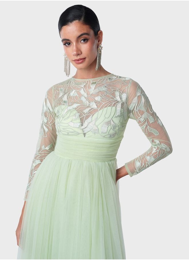 Threadz by Ajooni - Metallic Embroidered Bodice Tulle Dress - Image 1