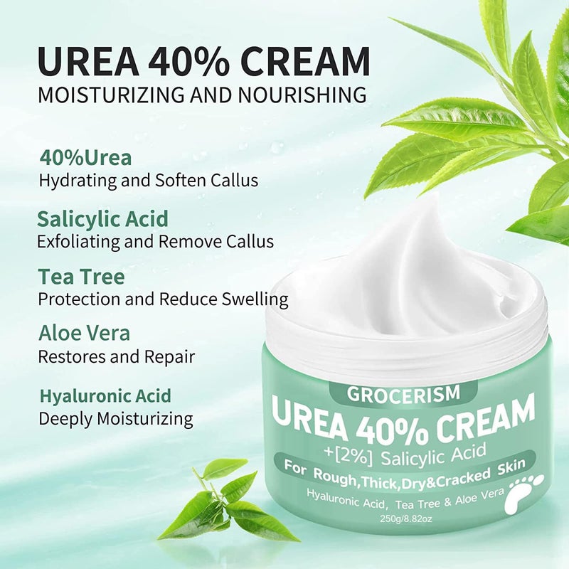 Grocerism Urea Cream 40 Percent For Feet Plus 2% Salicylic Acid 8.82 oz || Foot Cream and Hand Cream Maximum Strength with Hyaluronic Acid, Tea Tree,and Aloe Vera for Deep Moisturizes, Callus Remover - Image 3