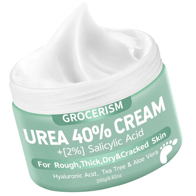 Grocerism Urea Cream 40 Percent For Feet Plus 2% Salicylic Acid 8.82 oz || Foot Cream and Hand Cream Maximum Strength with Hyaluronic Acid, Tea Tree,and Aloe Vera for Deep Moisturizes, Callus Remover - Image 1