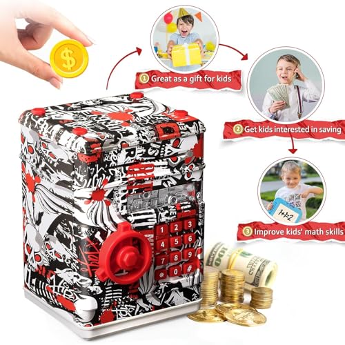 Magicwand ATM Piggy Bank|Mini ATM|Coin Bank Money Saving Box with Password,【Grafitti Red】 Kids Safe Money Bank for Kids with Auto Grab Note Slot - Image 5