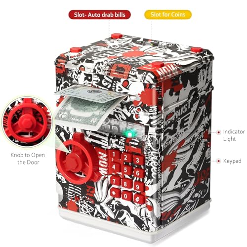 Magicwand ATM Piggy Bank|Mini ATM|Coin Bank Money Saving Box with Password,【Grafitti Red】 Kids Safe Money Bank for Kids with Auto Grab Note Slot - Image 3