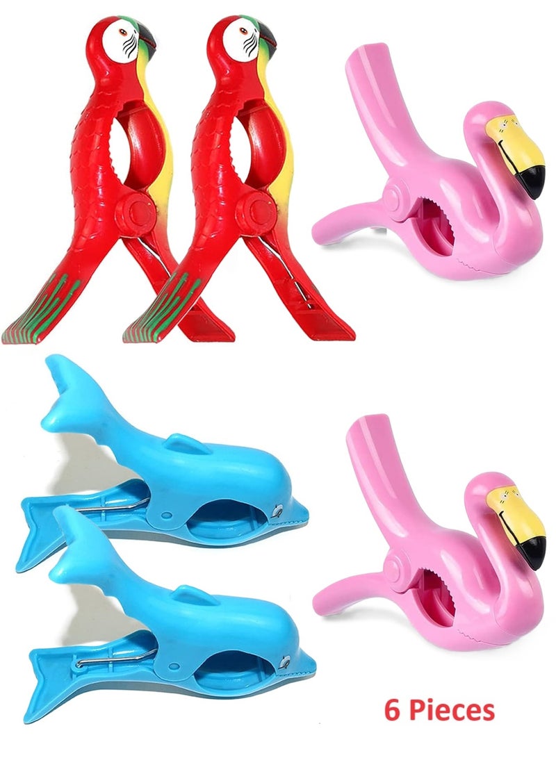 Large Beach Towel Clips, Windproof Beach Pegs with Cute Flamingo Parrot Whale Shapes Portable and Compact Clothes Pegs for Sunbeds Outdoor Laundry (6 Pieces)  - Image 1