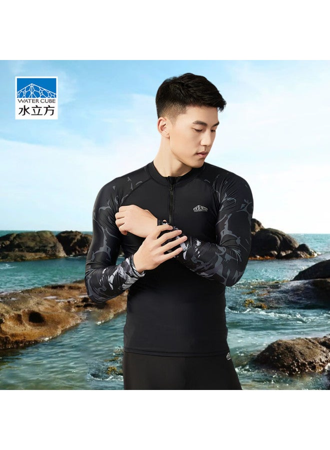 Water Cube Men's Swimwear, Sports Fitness Sun Protection Quick-dry Swimming Top, Jellyfish Suit Long Sleeve Diving Surfing Suit, Black, M